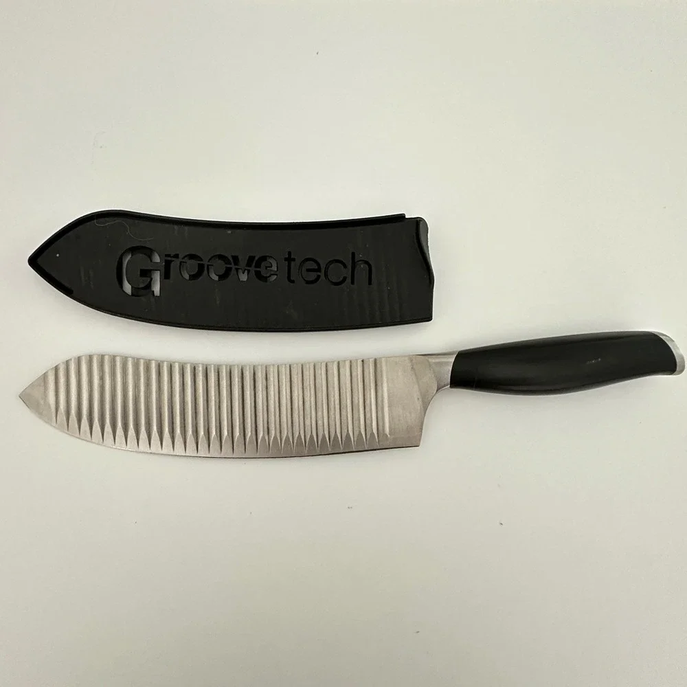 Groovetech Santoku Knife 7 inch Non-Stick Grooved Blade with Sheath Silver Black